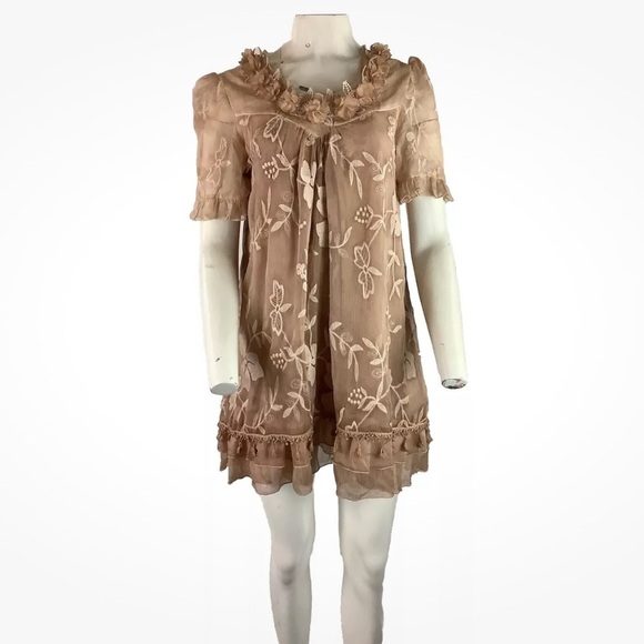 Pretty Angel Sz S Chiffon Babydoll Embroidered Floral Dress Brown Silk Blend - Picture 1 of 7